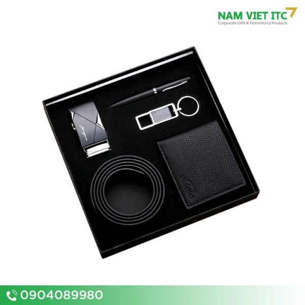 Bộ Giftset văn phòng thắt lưng + bút ký + usb + ví da in logo BVP06